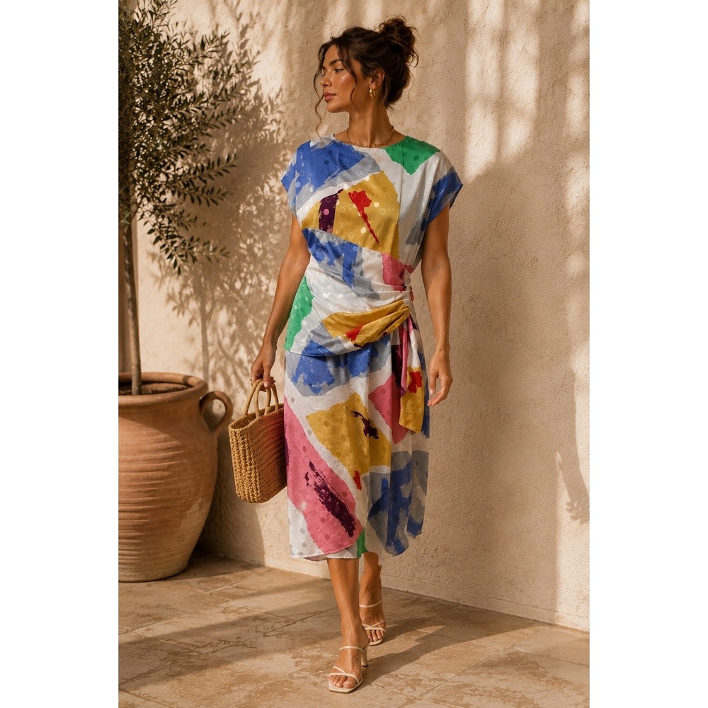 80s Vintage Young Edwardian Abstract‎ Art Draped Midi Dress Women SMALL USA